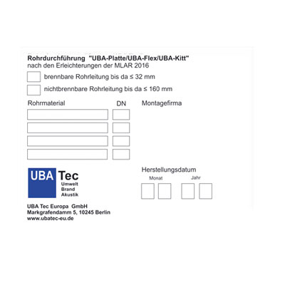Kennzeichnungsschild UBA Platte und UBA Flex Kennzeichnungsschild UBA Platte und UBA Flex